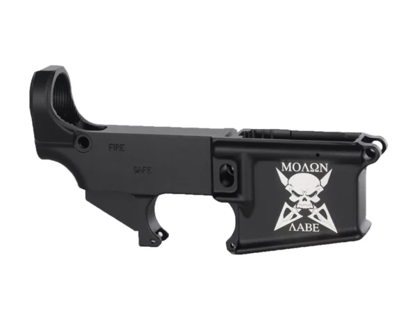 Artistic MOLON AABE SKULL engraving on 80% AR-15 lower in black