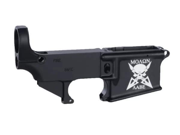 80% AR-15 black lower featuring expertly laser engraved MOLON AABE SKULL