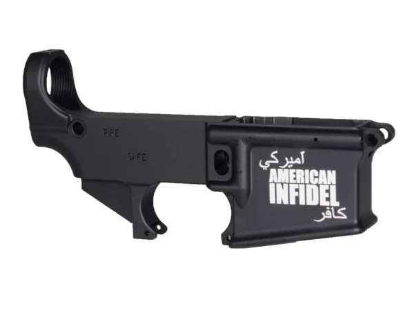 Laser Etched American INFIDEL Design on 80% AR-15 Black Lower Receiver