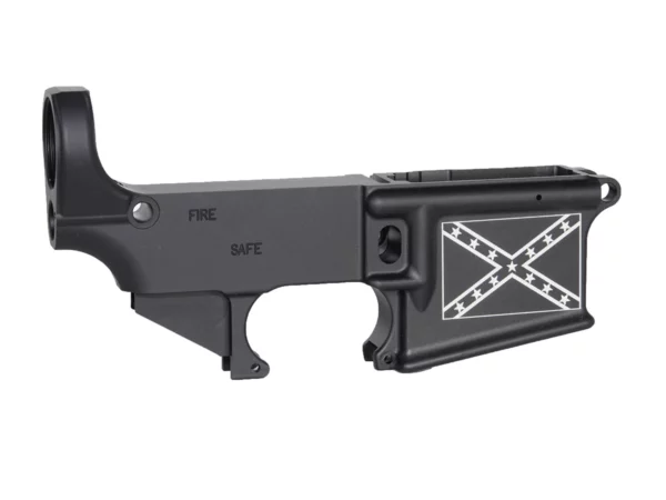 Sleek 80% AR-15 lower adorned with laser engraved Confederate flag artwork.
