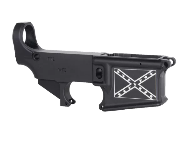 Customize your firearm with a laser engraved Confederate flag on 80% AR-15 black lower receiver.