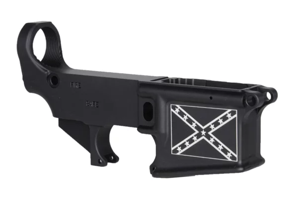 Artistic laser etched Confederate flag artwork on 80% AR-15 lower receiver.