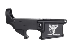 Deer head crosshairs laser engraved 80% AR-15 lower — angled view