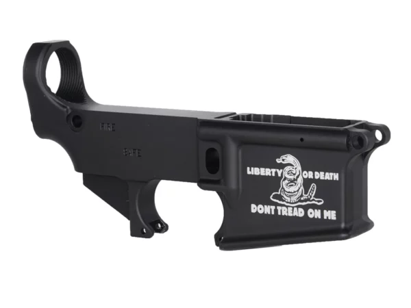 Customized AR-15 black lower receiver featuring laser engraved Don't Tread On Me design - Enhanced firearm aesthetics