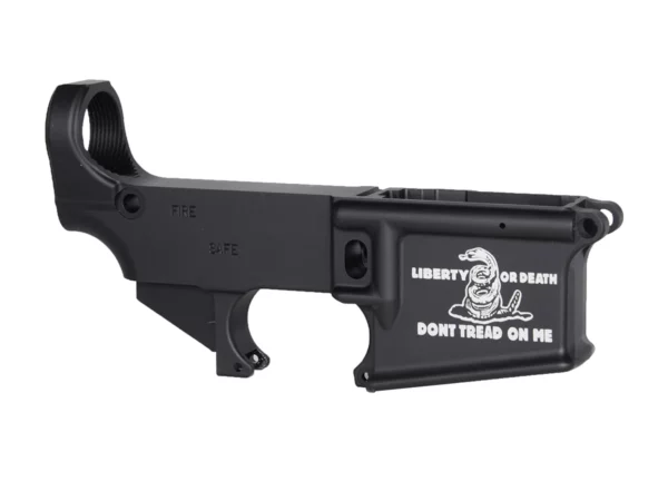 Premium black AR-15 lower receiver with custom laser engraving of Don't Tread On Me design - Firearm enhancement