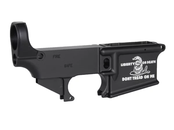 Top-quality AR-15 black lower receiver with laser etched Don't Tread On Me emblem - Personalized firearm enhancement