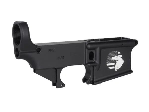 Detailed Laser Engraving of Eagle over Flag on AR-15 Black Lower Receiver