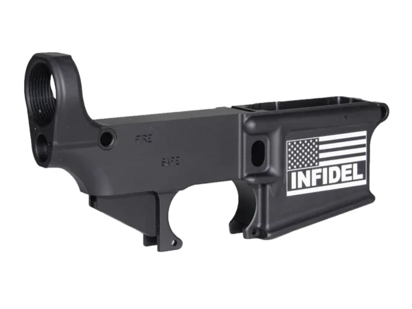 Custom engraved American flag and INFIDEL on black 80% AR-15 lower receiver