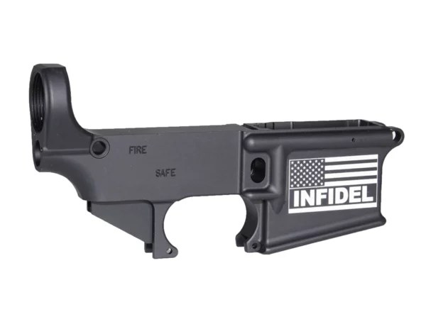 Distinctive laser marked USA flag with INFIDEL on 80% AR-15 lower in black