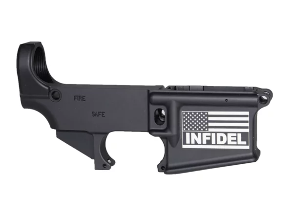 Precision laser engraved INFIDEL and American flag on 80% black AR-15 lower