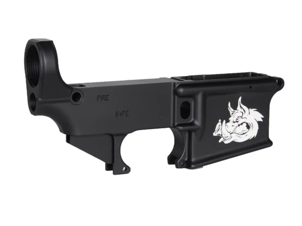 AR-15 black lower receiver showcasing impressive hog head laser engraving.