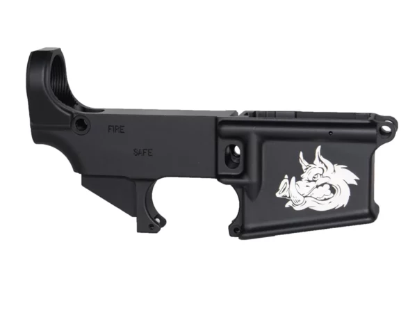 Detailed 80% laser engraved hog head illustration on high-performance AR-15 lower receiver.