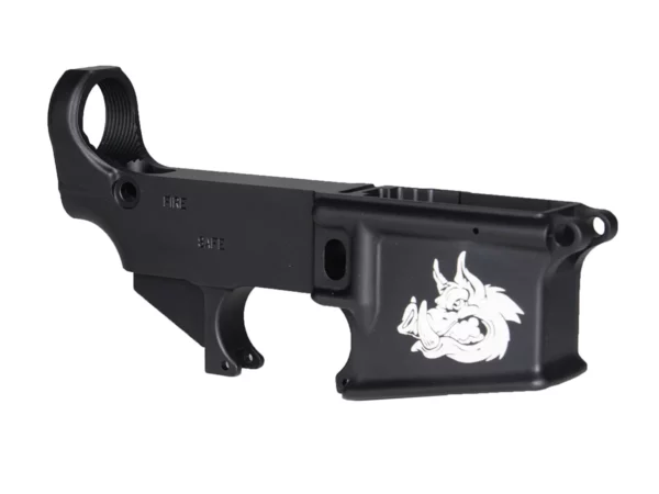 Exquisite laser etched hog head artwork adorning sleek AR-15 black lower receiver.