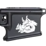 High-quality AR-15 black lower receiver featuring intricate 80% laser engraved hog head artwork.