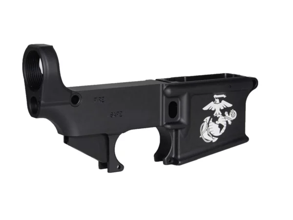 Laser etched Marine Corps logo on customizable 80% AR-15 black lower.