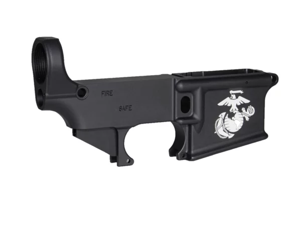 Personalized USMC insignia hand-engraved on 80% AR-15 black lower receiver.