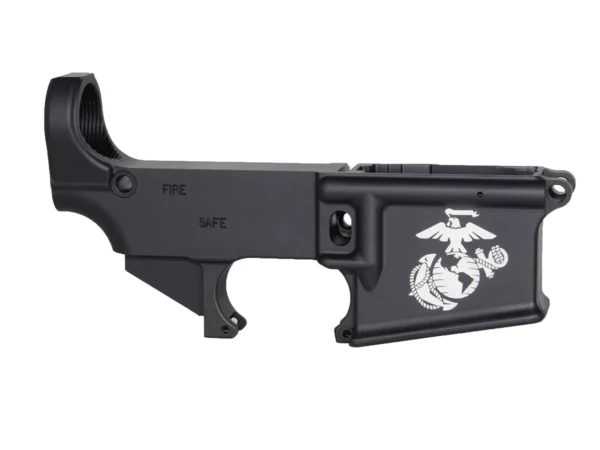 Striking laser engraved Marines logo on customizable 80% AR-15 black lower receiver.