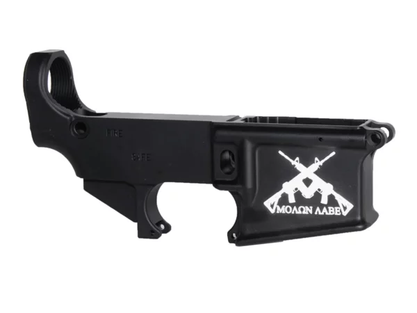 AR-15 black lower receiver featuring laser-engraved details, showcasing artistic firearm customization.