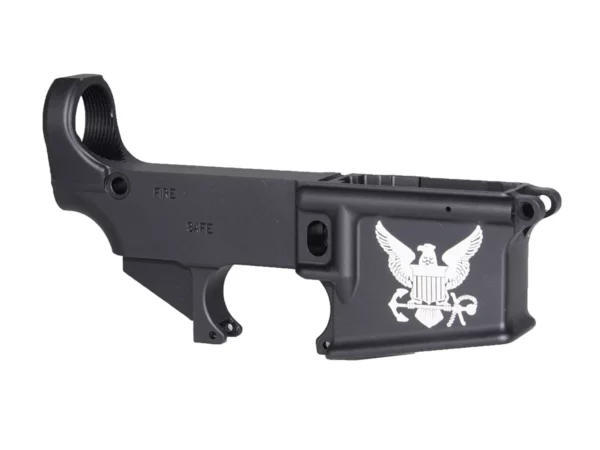 Laser Engraved Navy Logo with Custom Design on AR-15 Black Lower