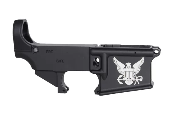 Detailed Laser Engraved Navy Logo on AR-15 Black Lower