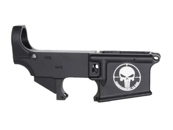 Laser Engraved Punisher Punishment is Due 80% with Custom Design on AR-15 Black Lower