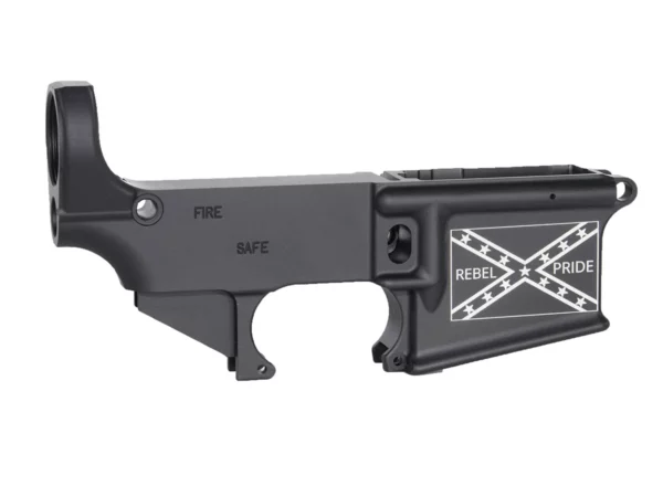 Laser engraved rebel pride design on AR-15 black lower, featuring Confederate Flag artwork representing heritage.