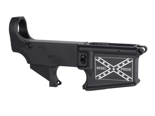 Commemorative engraving of Confederate Flag rebel pride on 80% AR-15 black lower, merging history and firearm.