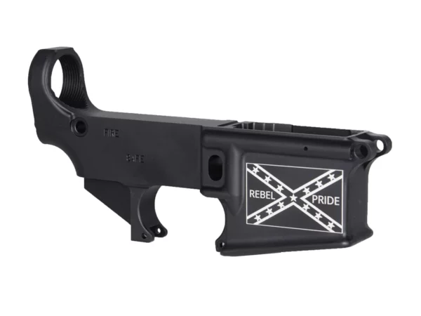 Laser engraved heritage artwork on 80% AR-15 black lower featuring Confederate Flag design symbolizing rebel pride.