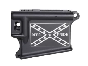 Custom laser engraving of Confederate Flag design on 80% AR-15 black lower receiver, showcasing rebel pride and heritage.