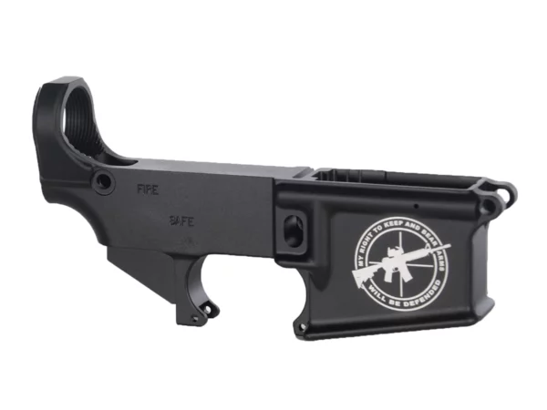 Detailed laser engraving showcasing 'Right to Bear Arms Defended' design on 80% AR-15 lower
