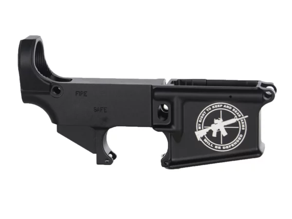 AR-15 lower receiver featuring patriotic 'Right to Bear Arms Defended' laser engraving