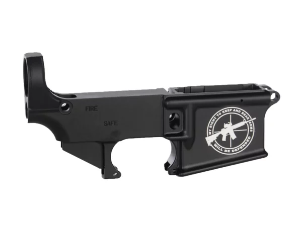 Engraved emblem showcasing 'Right to Bear Arms Defended' on 80% AR-15 black lower receiver