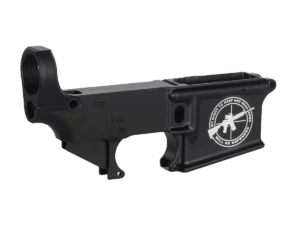 Close-up of precise laser marking displaying 'Right to Bear Arms Defended' on AR-15 lower