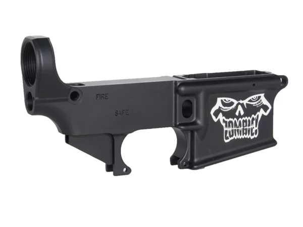 Artistic firearm customization: zombie-themed engraving with undead emblem on AR-15 lower receiver