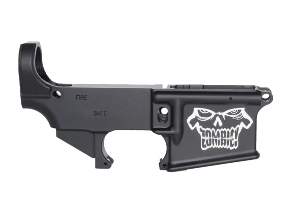 Detailed view of personalized firearm project: zombie head engraving on AR-15 lower