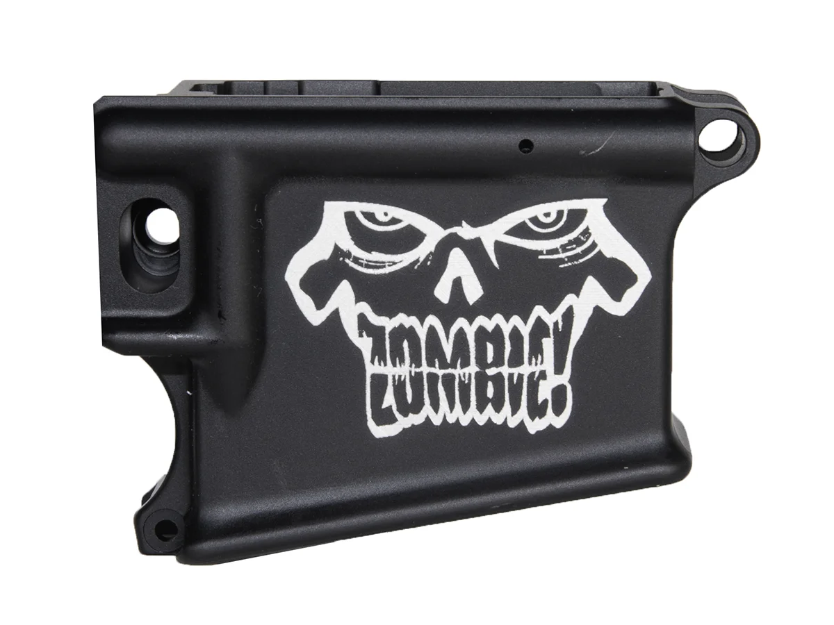 Laser engraved AR-15 black lower receiver featuring zombie head design