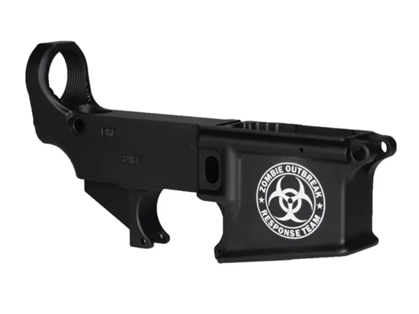 Artistic firearm customization: tactical response emblem engraved on AR-15 lower receiver