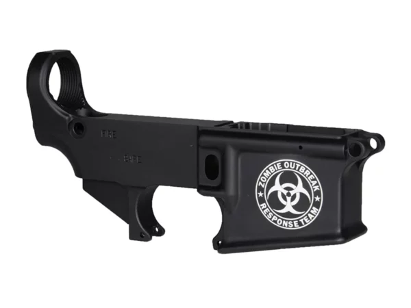 Detailed view of personalized firearm project: ZOMBIE Outbreak Team engraving on AR-15 lower