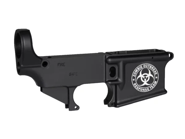 Close-up of precision laser etching showcasing ZOMBIE Outbreak Team on 80% black lower receiver