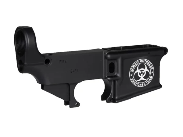 DIY gun crafting: laser-etched ZOMBIE Outbreak Team emblem on AR-15 lower