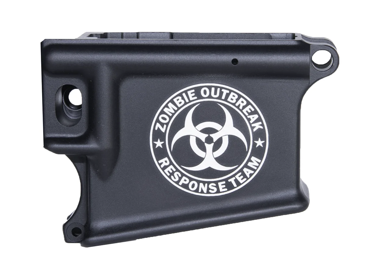 Laser engraved AR-15 black lower receiver featuring ZOMBIE Outbreak Team design