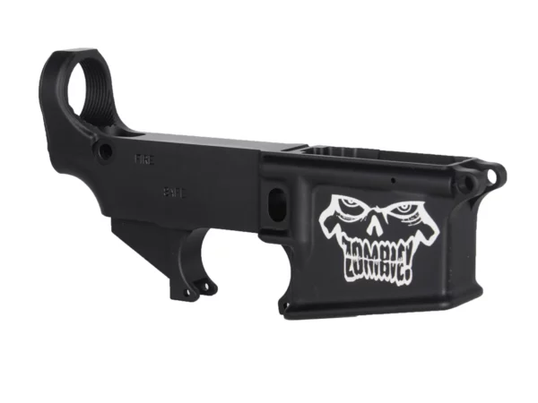 Custom black 80% AR-15 lower adorned with a laser-engraved zombie head