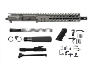 ar-15 pistol kit in tungsten grey with bolt carrier, lower parts kit, and pistol buffer assembly