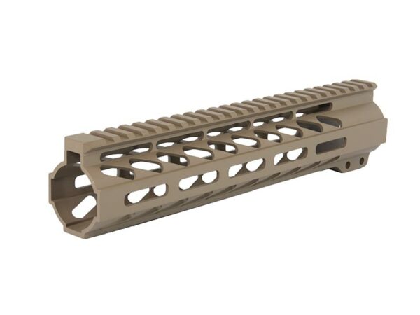 AR rifle equipped with a 10-inch FDE M-lok Handguard in Flat Dark Earth finish.