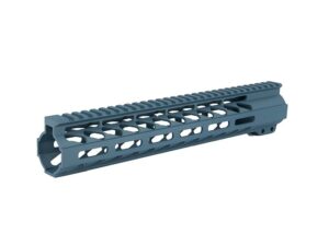 Detail of M-lok slots on a 12-inch Titanium Blue AR-15 Handguard