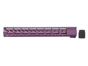 Close-up view of M-Lok slots on a 15-inch Purple AR-15 Handguard