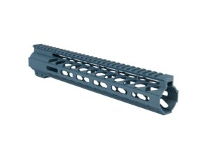 Close-up of a 12-inch Titanium Blue AR-15 M-lok Handguard fitted on an AR rifle
