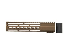 A Daytona Tactical 10-inch Riveted Keymod Handguard in Burnt Bronze, attached to an AR rifle.