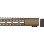 A detailed view of the 10-inch FDE House M-LOK Free Float Rail attached to an AR rifle