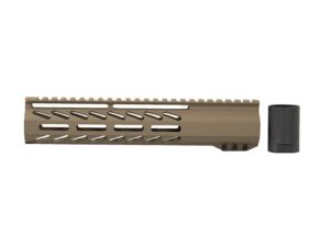 A detailed view of the 10-inch FDE House M-LOK Free Float Rail attached to an AR rifle